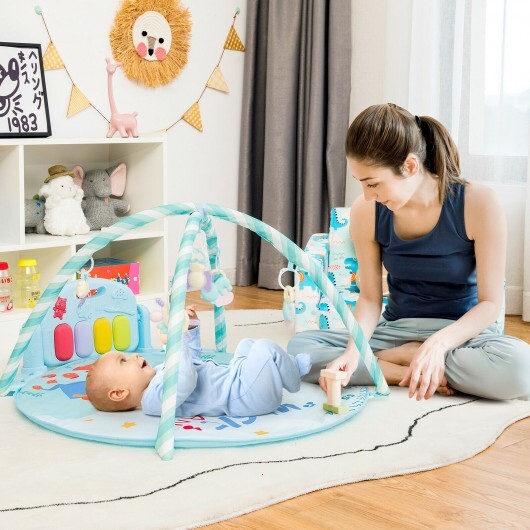 Baby Activity Play Piano Gym Mat with 5 Hanging Sensory Toys-Blue