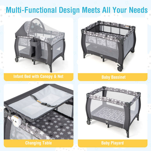 Portable Baby Nursery Center 4-in-1 Portable Travel Crib-Gray W2B