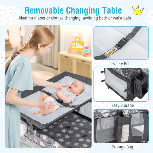 Portable Baby Nursery Center 4-in-1 Portable Travel Crib-Gray W2B