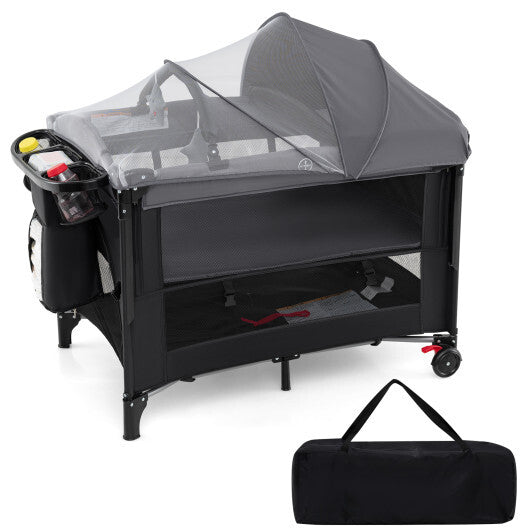 Foldable Baby Bassinet with 4 Adjustable Heights Changing Table and Mattress-Black