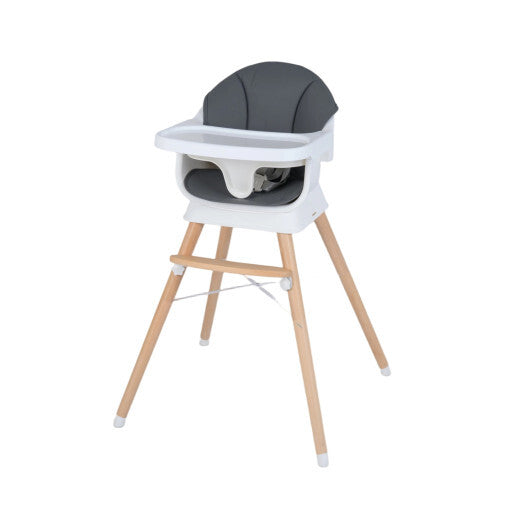 Convertible High Chair for Babies and Toddlers Solid Wood Baby Feeding Chair with 3-Position Adjustable Tray-Gray W2B