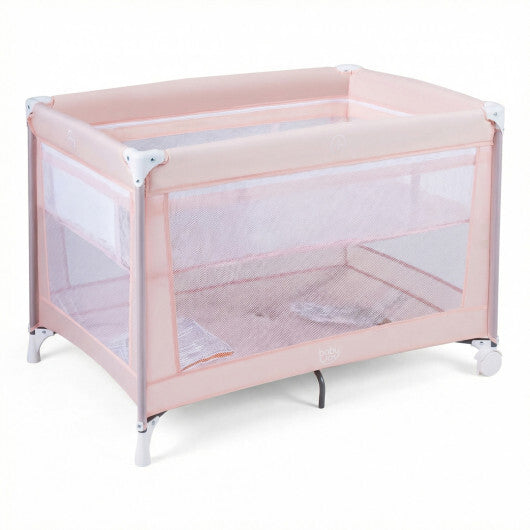 Portable Baby Playard Folding Travel Crib for Infants with Soft Mattress-Pink W2B