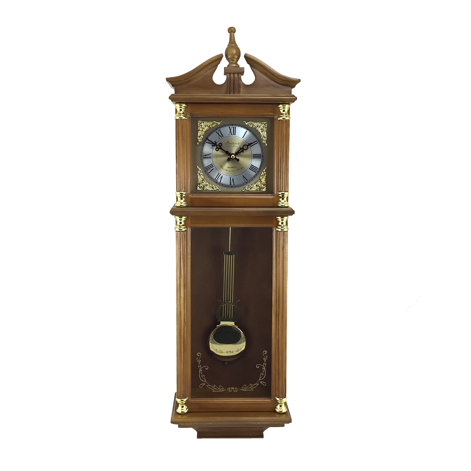 Bedford Clock Collection 34.5 Inch Chiming Pendulum Wall Clock in Antique Harvest Oak Finish W2B