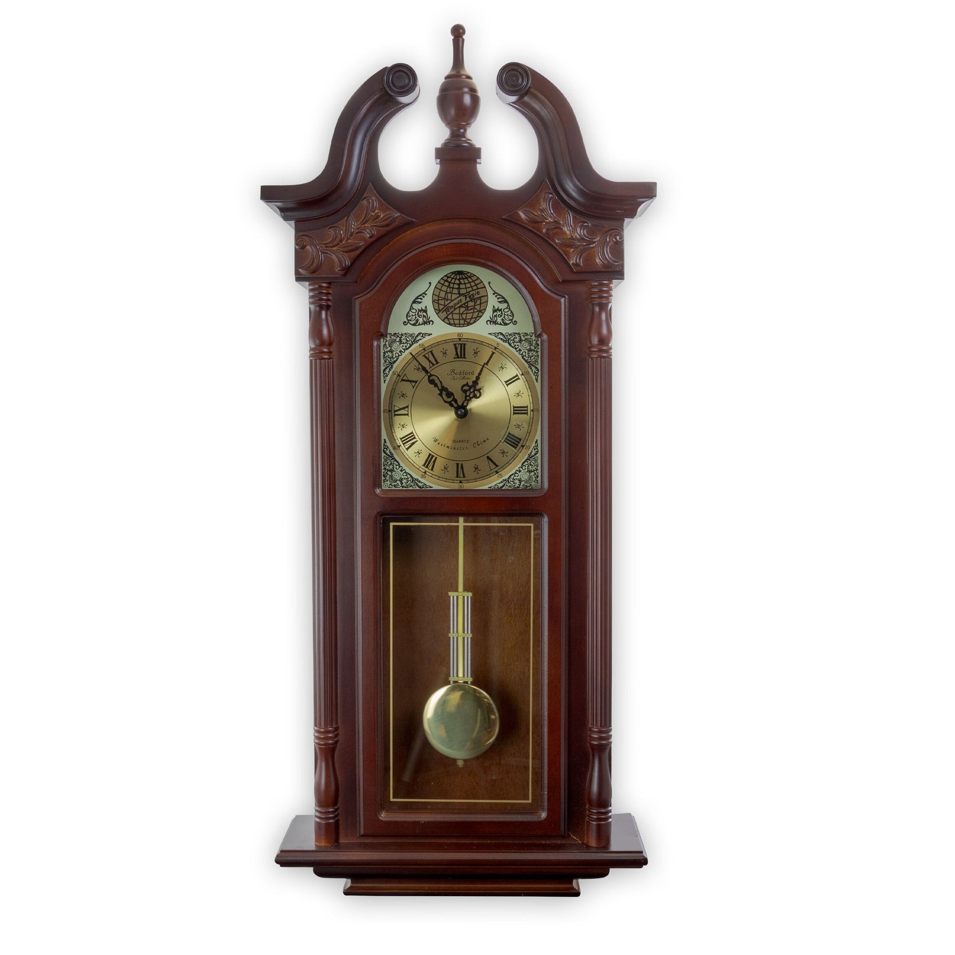 Bedford Clock Collection 38 Inch Chiming Pendulum Wall Clock in Cherry Oak Finish W2B