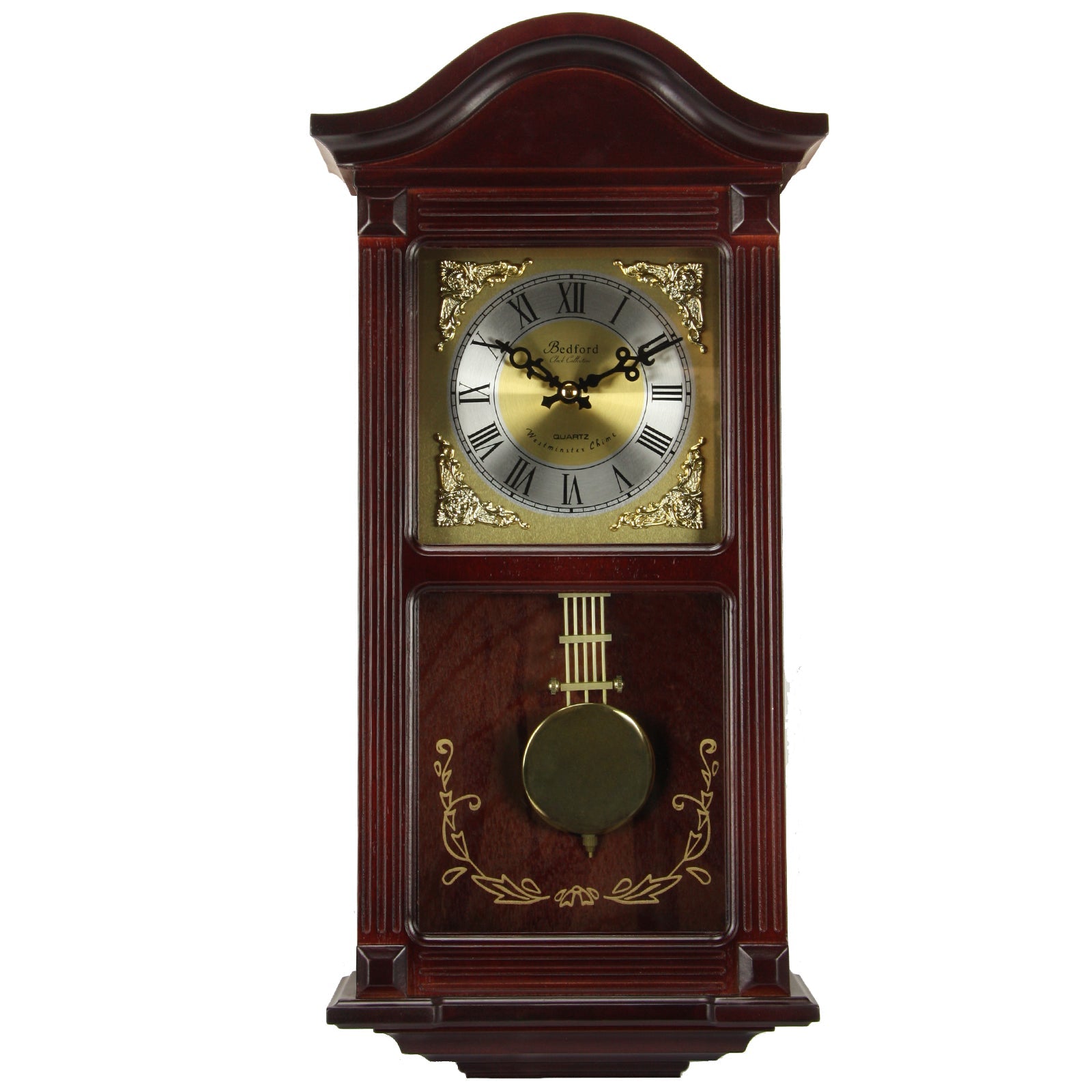 Bedford Clock Collection 22 Inch Wall Clock in Mahogany Cherry Oak Wood with Brass Pendulum and 4 Chimes W2B