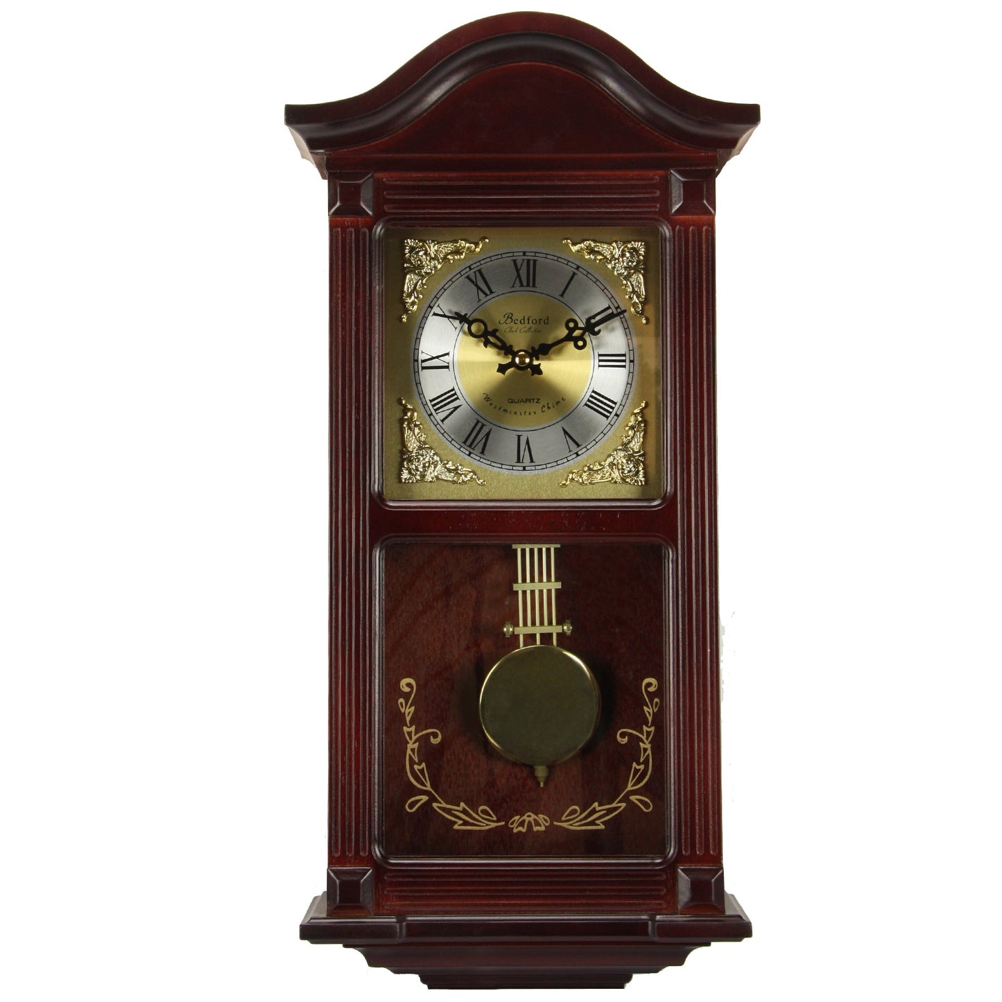 Bedford Clock Collection 22 Inch Wall Clock in Mahogany Cherry Oak Wood with Brass Pendulum and 4 Chimes W2B
