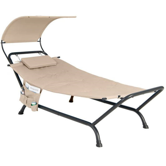 Beige Polyester Chaise Lounge Chair Hammock with Canopy and Storage Bag FastFurnishings