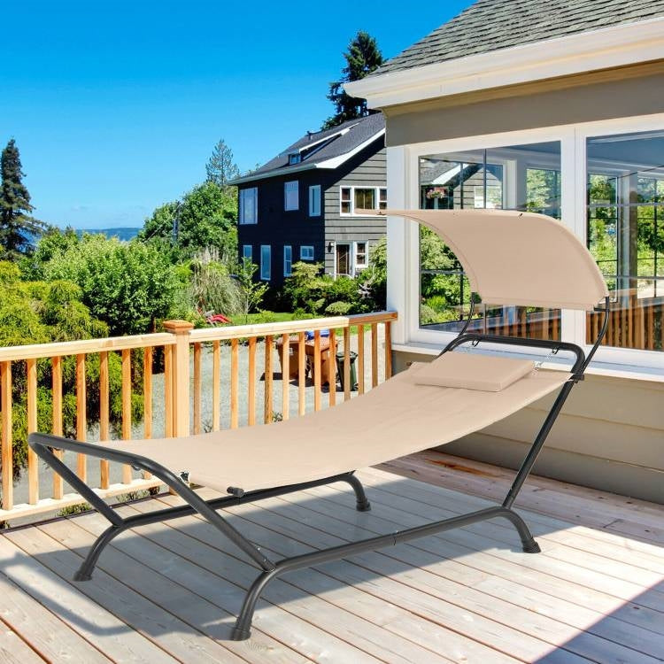 Beige Polyester Chaise Lounge Chair Hammock with Canopy and Storage Bag FastFurnishings