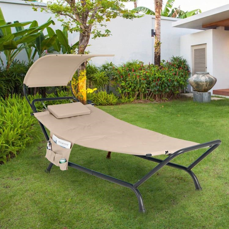 Beige Polyester Chaise Lounge Chair Hammock with Canopy and Storage Bag FastFurnishings
