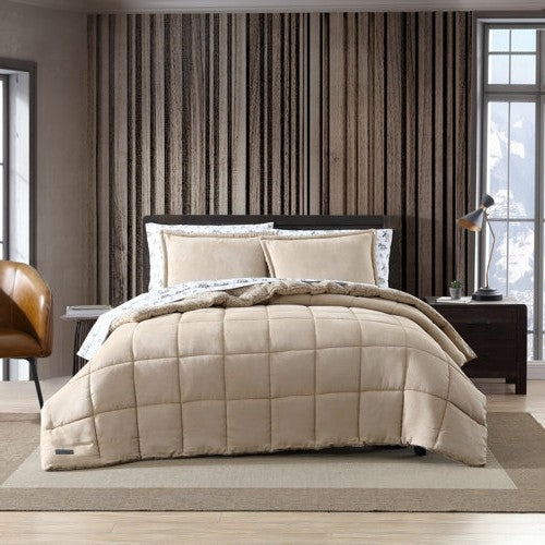 King Plush Sherpa Reversible Micro Suede Comforter Set in Beige FastFurnishings