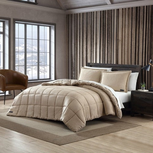 King Plush Sherpa Reversible Micro Suede Comforter Set in Beige FastFurnishings
