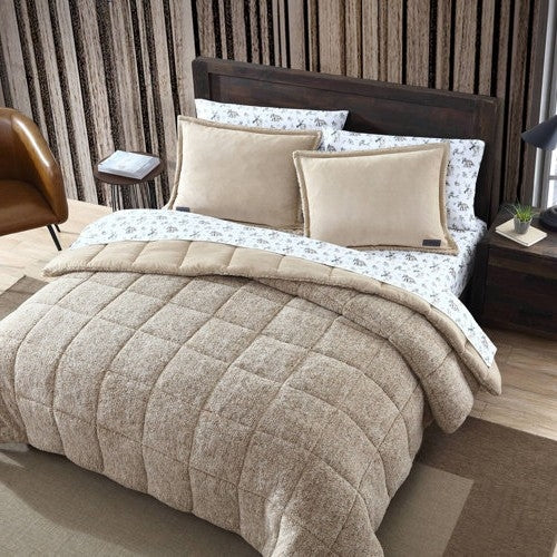 King Plush Sherpa Reversible Micro Suede Comforter Set in Beige FastFurnishings
