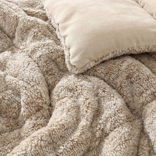 King Plush Sherpa Reversible Micro Suede Comforter Set in Beige FastFurnishings
