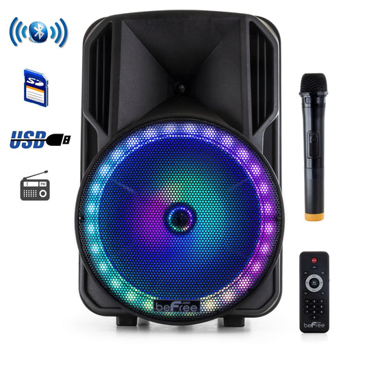 beFree Sound 12 Inch Bluetooth Rechargeable Portable PA Party Speaker with Reactive LED Lights W2B