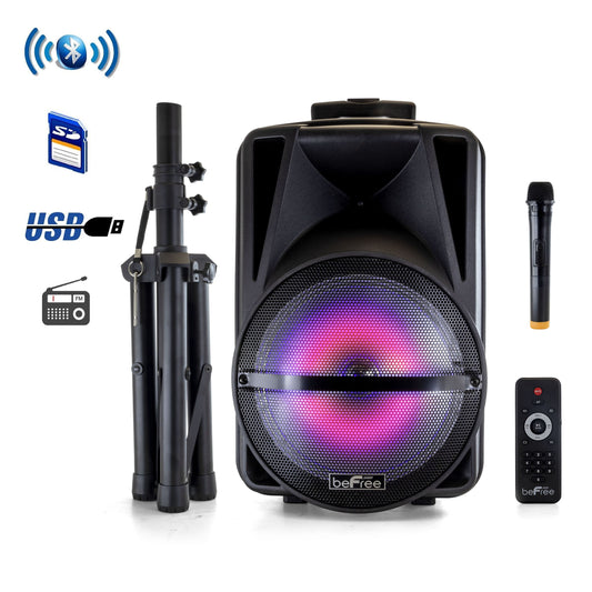 beFree Sound 12 Inch PA Bluetooth Rechargeable Portable Party Speaker with Reactive LED Lights and Stand W2B
