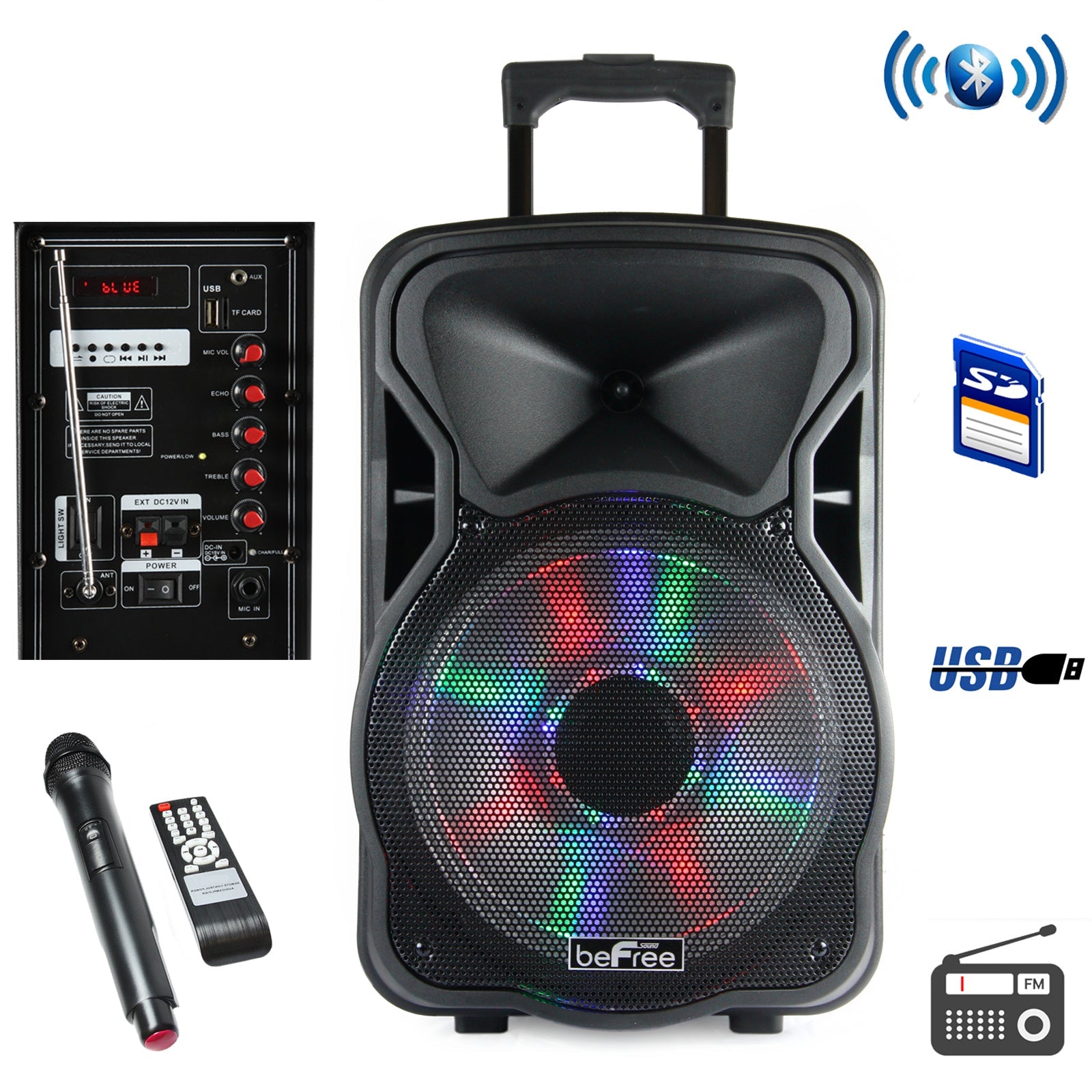 beFree Sound 12 Inch Bluetooth Rechargeable Party Speaker With Illuminatiing Lights W2B