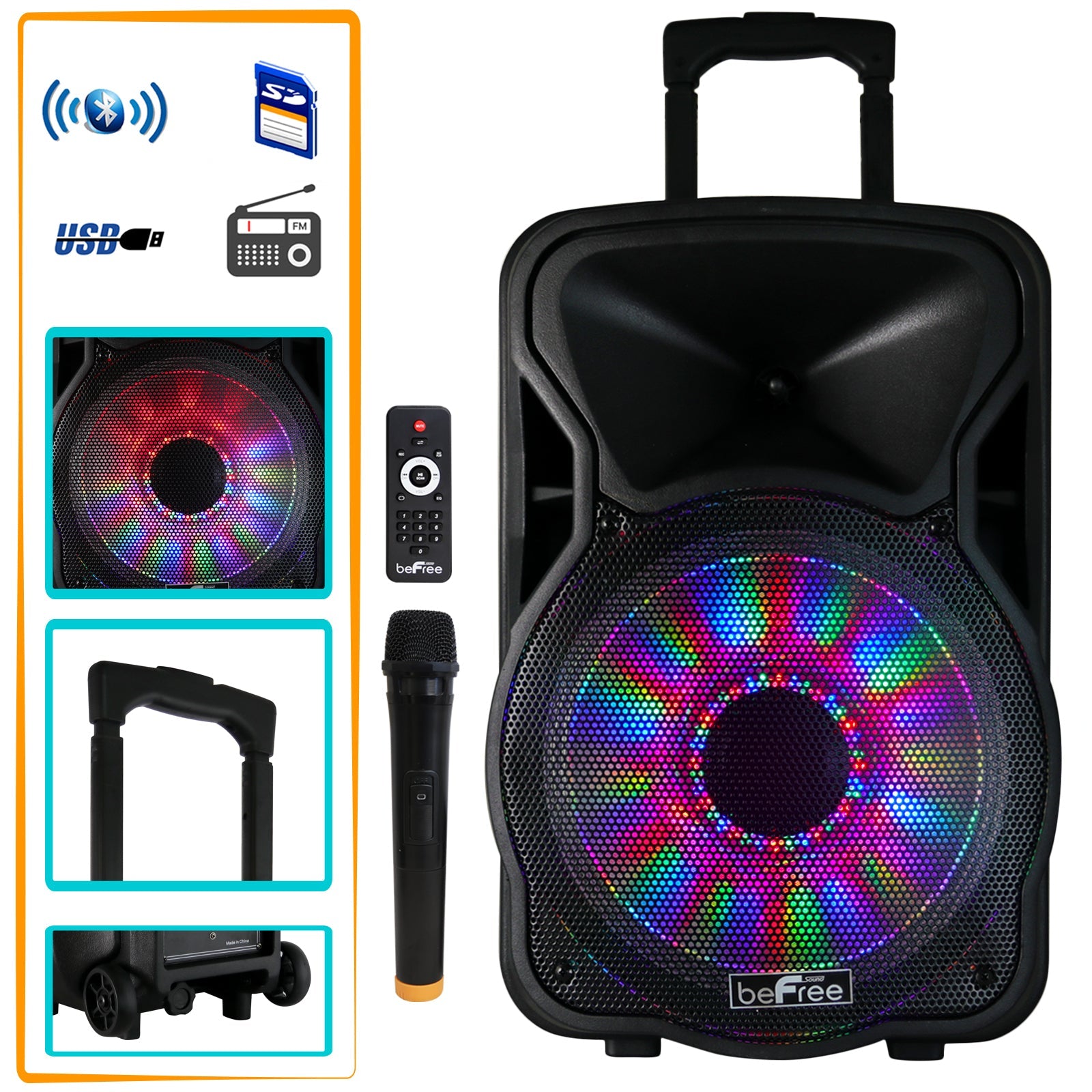 beFree Sound 12 Inch 2500 Watt Bluetooth Rechargeable Portable Party PA Speaker with Illuminating Lights W2B