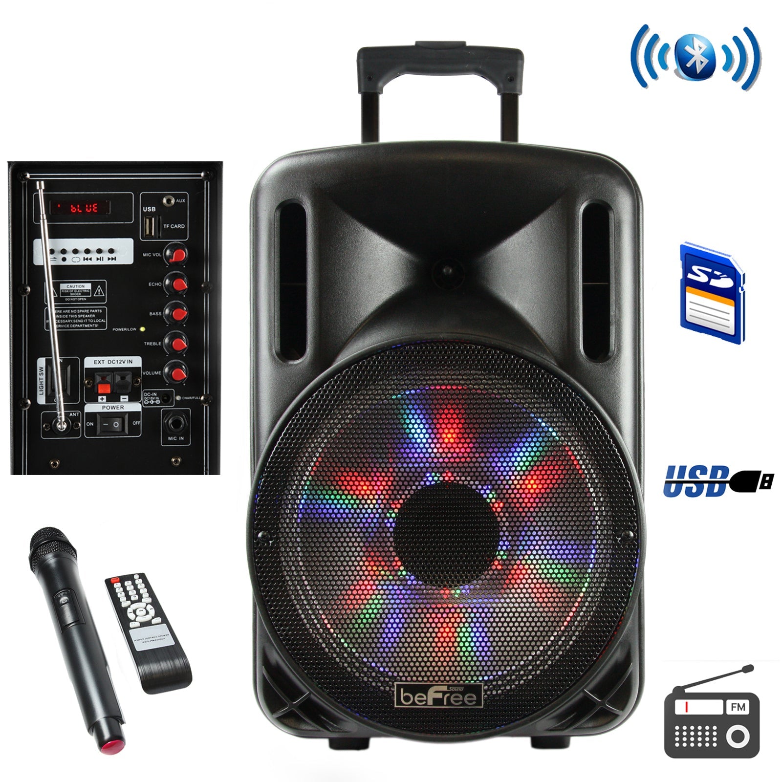 beFree Sound 12 Inch Bluetooth Rechargeable Party Speaker With Illuminatiing Lights W2B