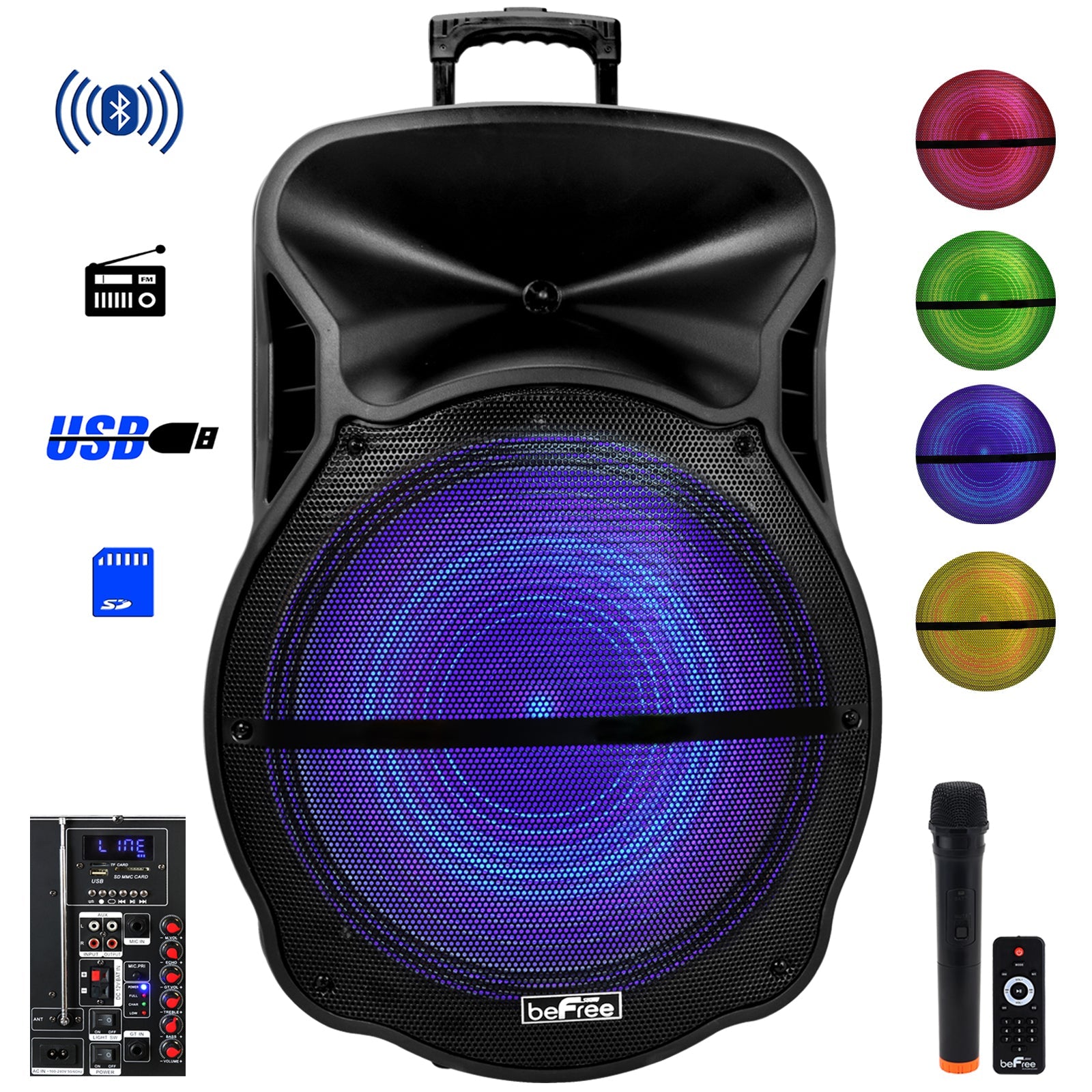 beFree Sound 18 Inch Bluetooth Portable Rechargeable Party Speaker with Sound Reactive LED Party Lights, USB/SD, Microphone/Guitar Inputs and FM Radio W2B