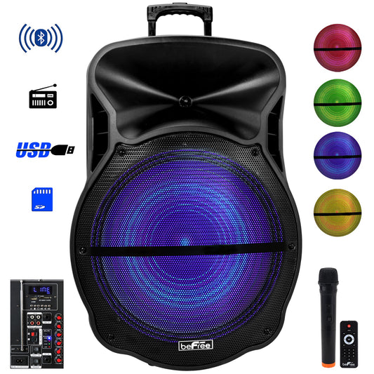beFree Sound 18 Inch Bluetooth Portable Rechargeable Party Speaker with Sound Reactive LED Party Lights, USB/SD, Microphone/Guitar Inputs and FM Radio W2B