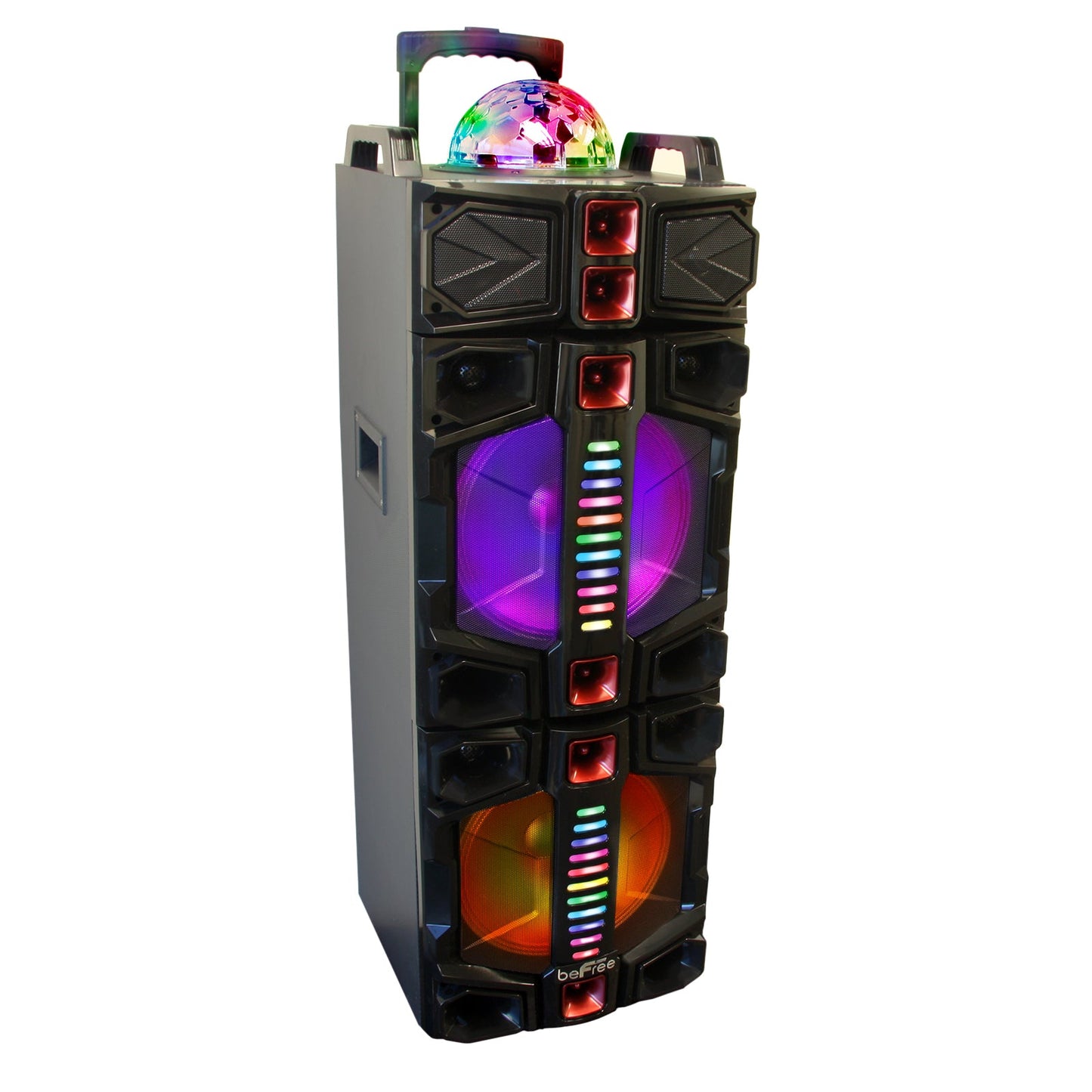 beFree Sound Dual 12 Inch Subwoofer Portable Bluetooth Party Speaker with LED Lights, USB/ SD Input, Rechargeable Battery, Remote Control and Wireless Microphone W2B