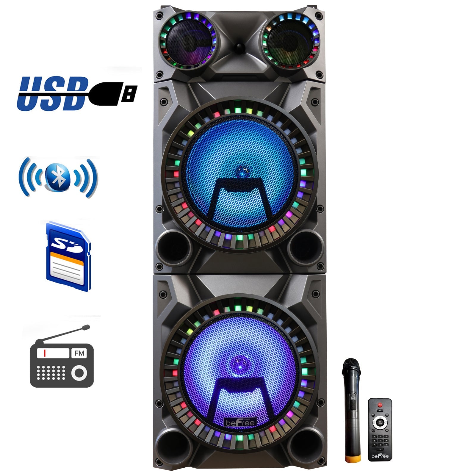 beFree Sound Rechargeable Bluetooth 12inch Double Subwoofer Portable Party Speaker with Dual Layer Reactive Party Lights, USB, SD and AUX Inputs with FM Radio W2B