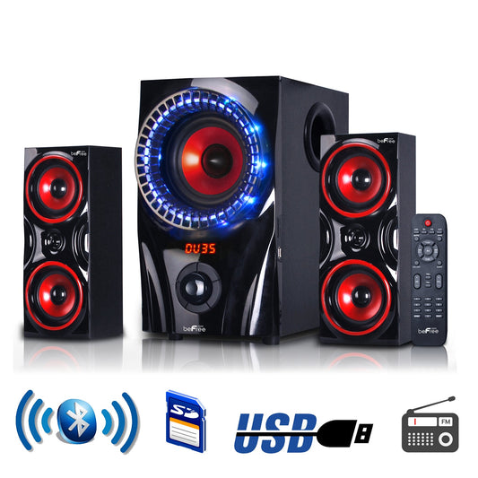 beFree Sound 2.1 Channel Surround Sound Bluetooth Speaker System in Red W2B