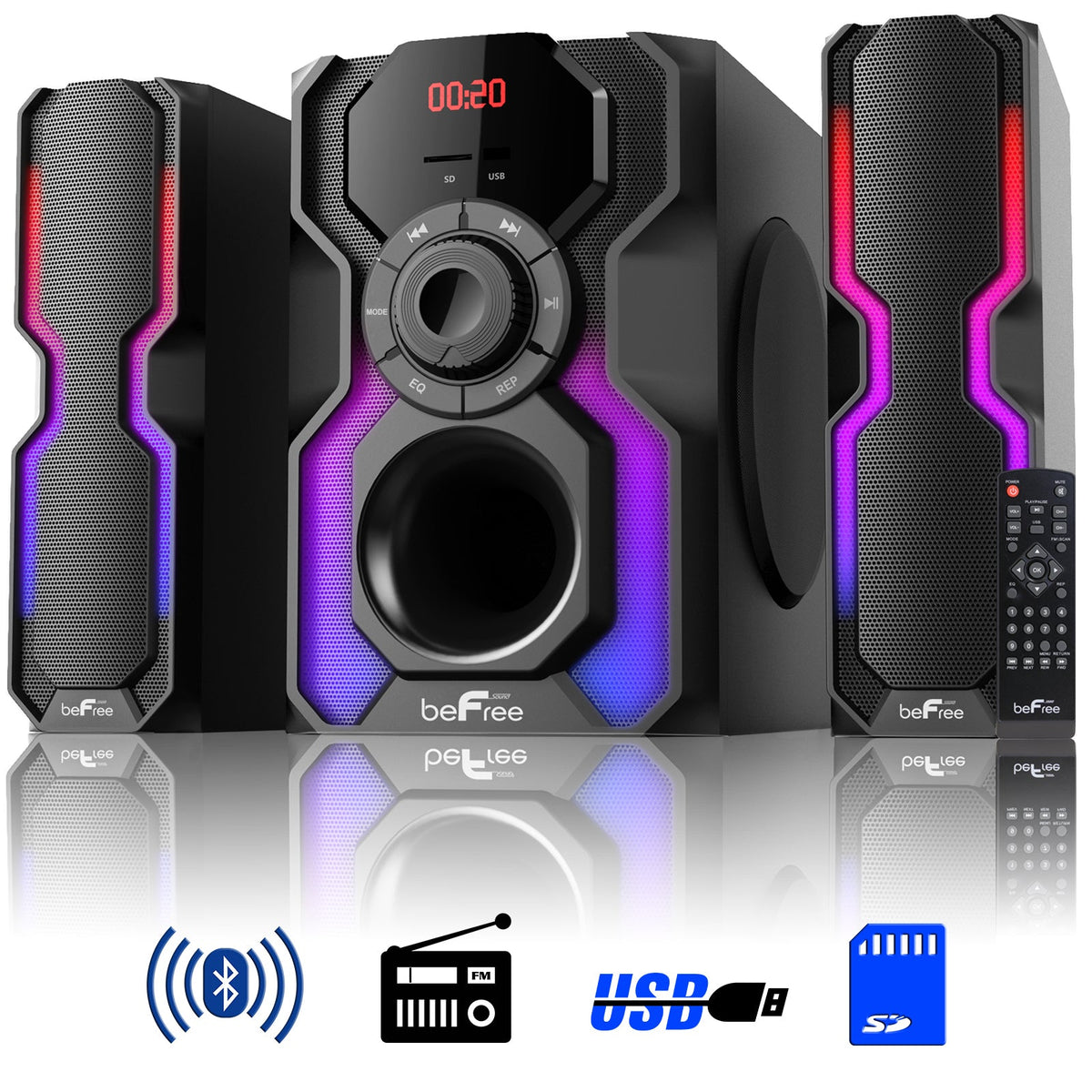 beFree Sound 2.1 Channel Bluetooth Multimedia Wired Speaker Shelf Stereo System with Reactive LED Lights, FM Radio, USB, and SD Inputs W2B
