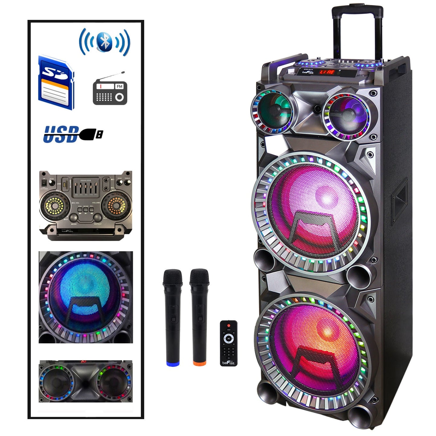 Befree Sound 700W Dual 10 Inch Subwoofer Bluetooth Portable Party Speaker with Sound Reactive Party Lights, USB/ SD Input, Rechargeable Battery, Remote Control And 2 Wireless Microphones W2B
