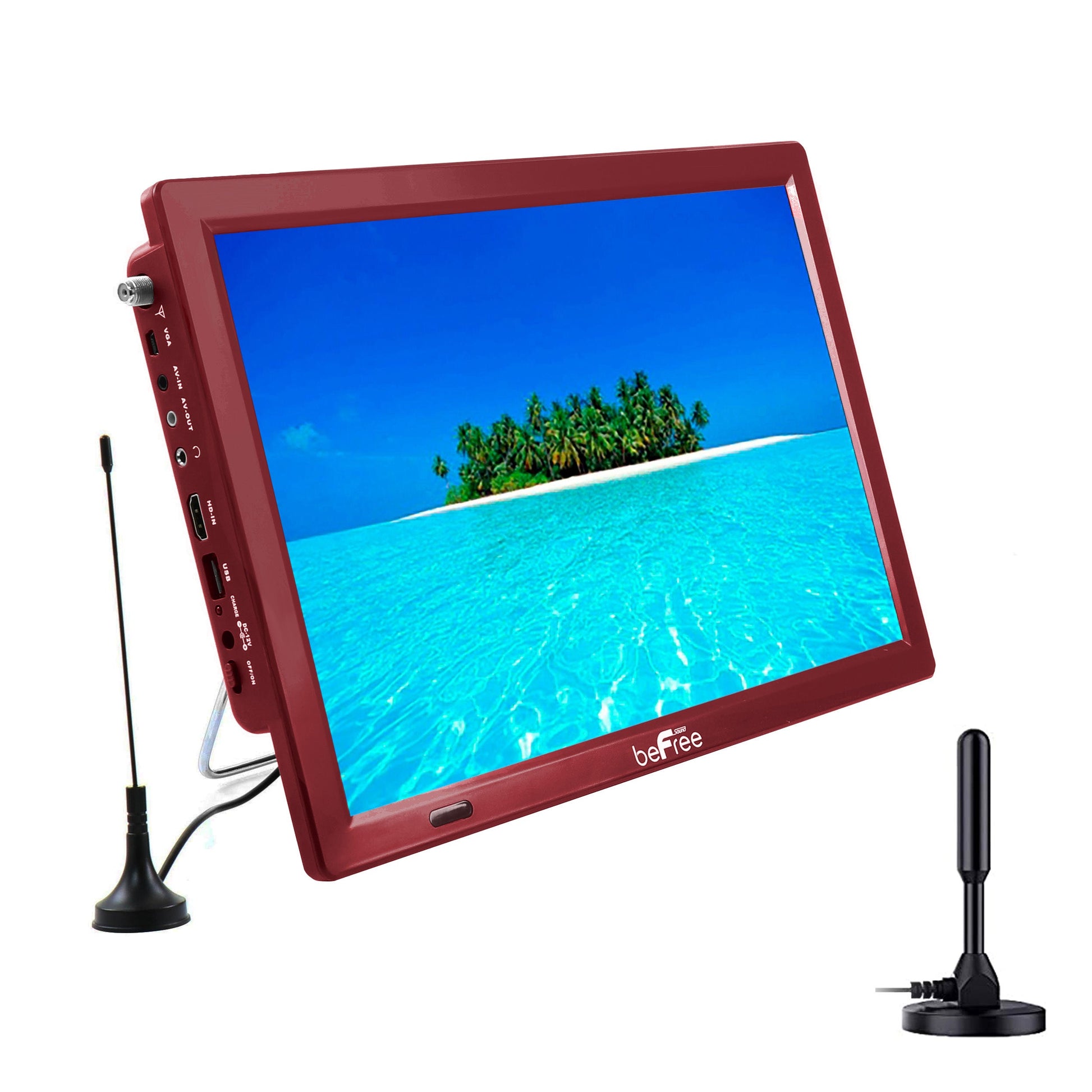 beFree Sound Portable Rechargeable 14 Inch LED TV with HDMI, SD/MMC, USB, VGA, AV In/Out and Built-in Digital Tuner in Red W2B