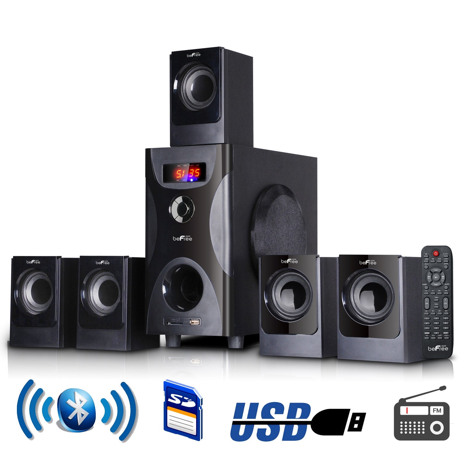 beFree Sound 5.1 Channel Surround Sound Bluetooth Speaker System in Black W2B