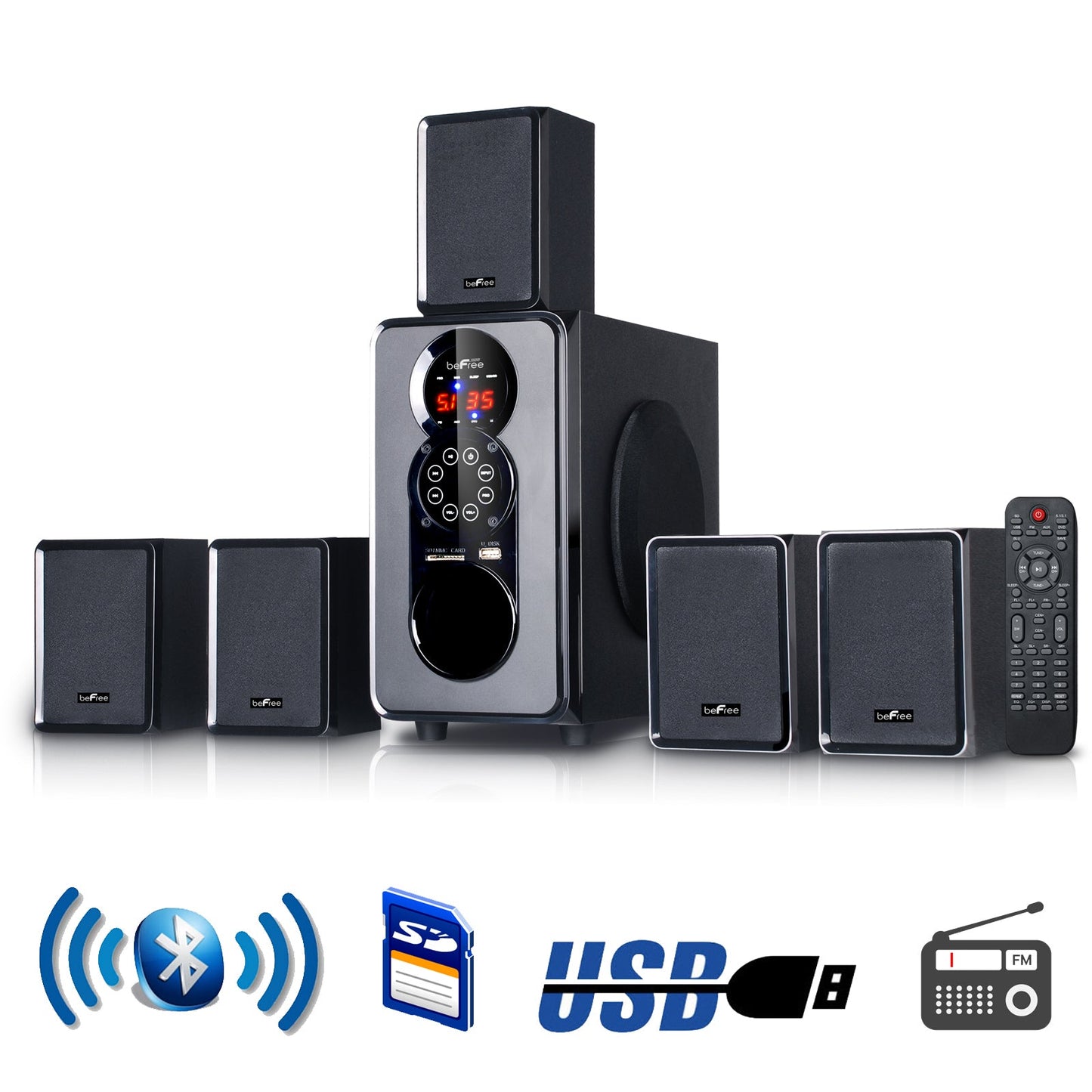 beFree Sound 5.1 Channel Surround Sound Bluetooth Speaker System in Black W2B