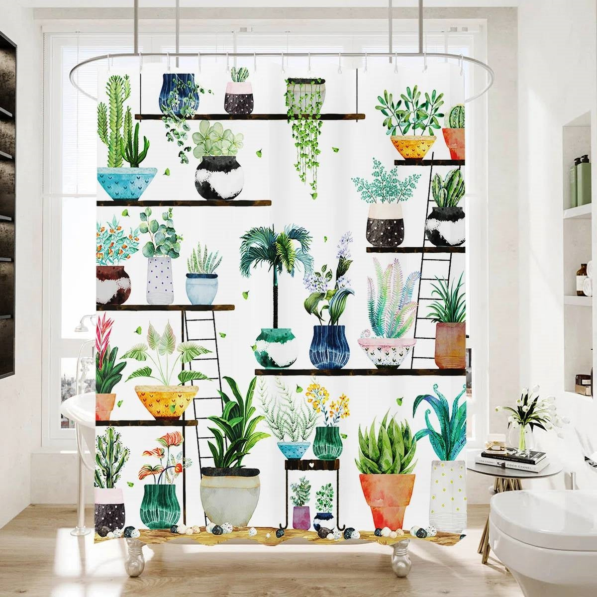 72-in. Watercolor Plants Botanical Floral Flower Pots Succulents Shower Curtain FastFurnishings