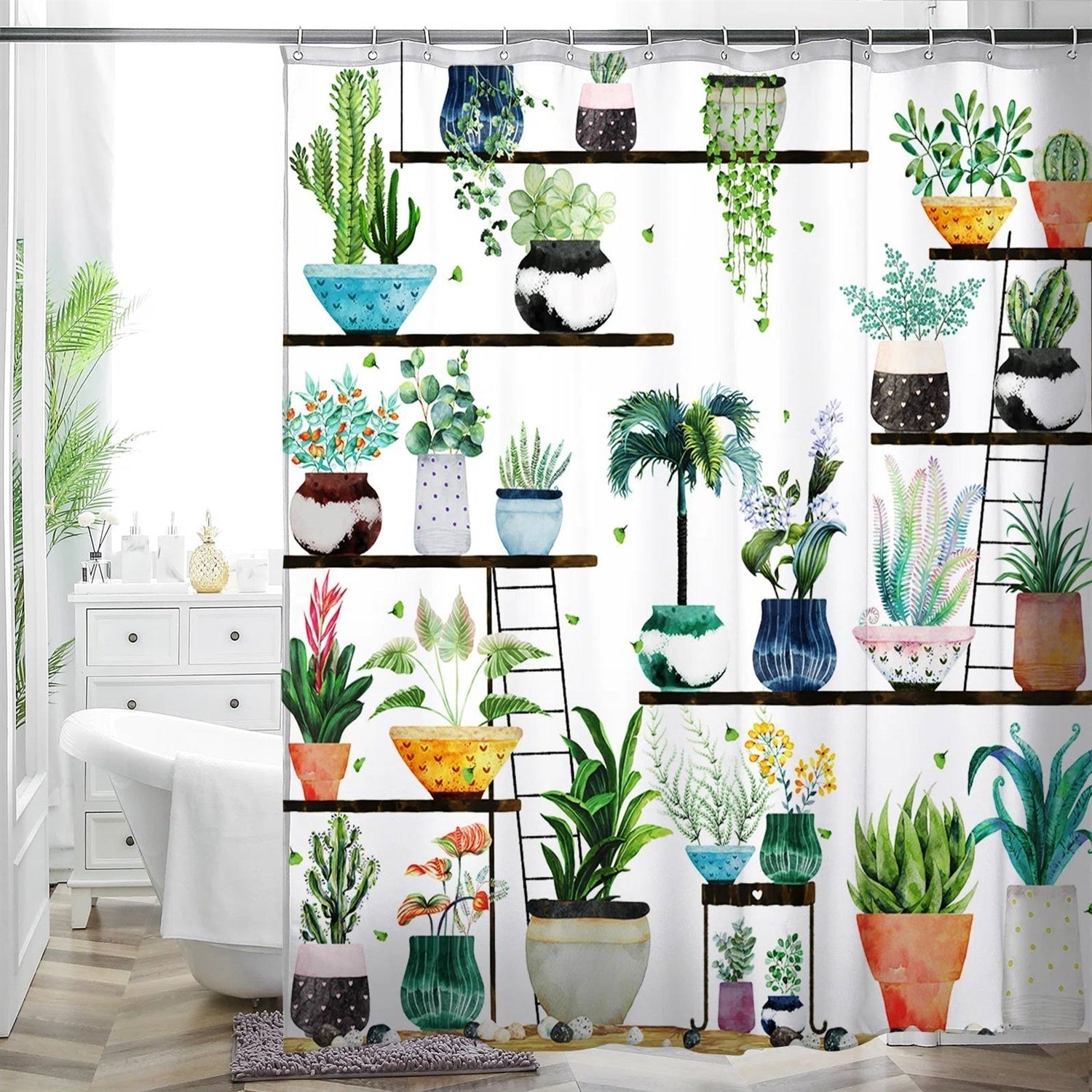72-in. Watercolor Plants Botanical Floral Flower Pots Succulents Shower Curtain FastFurnishings