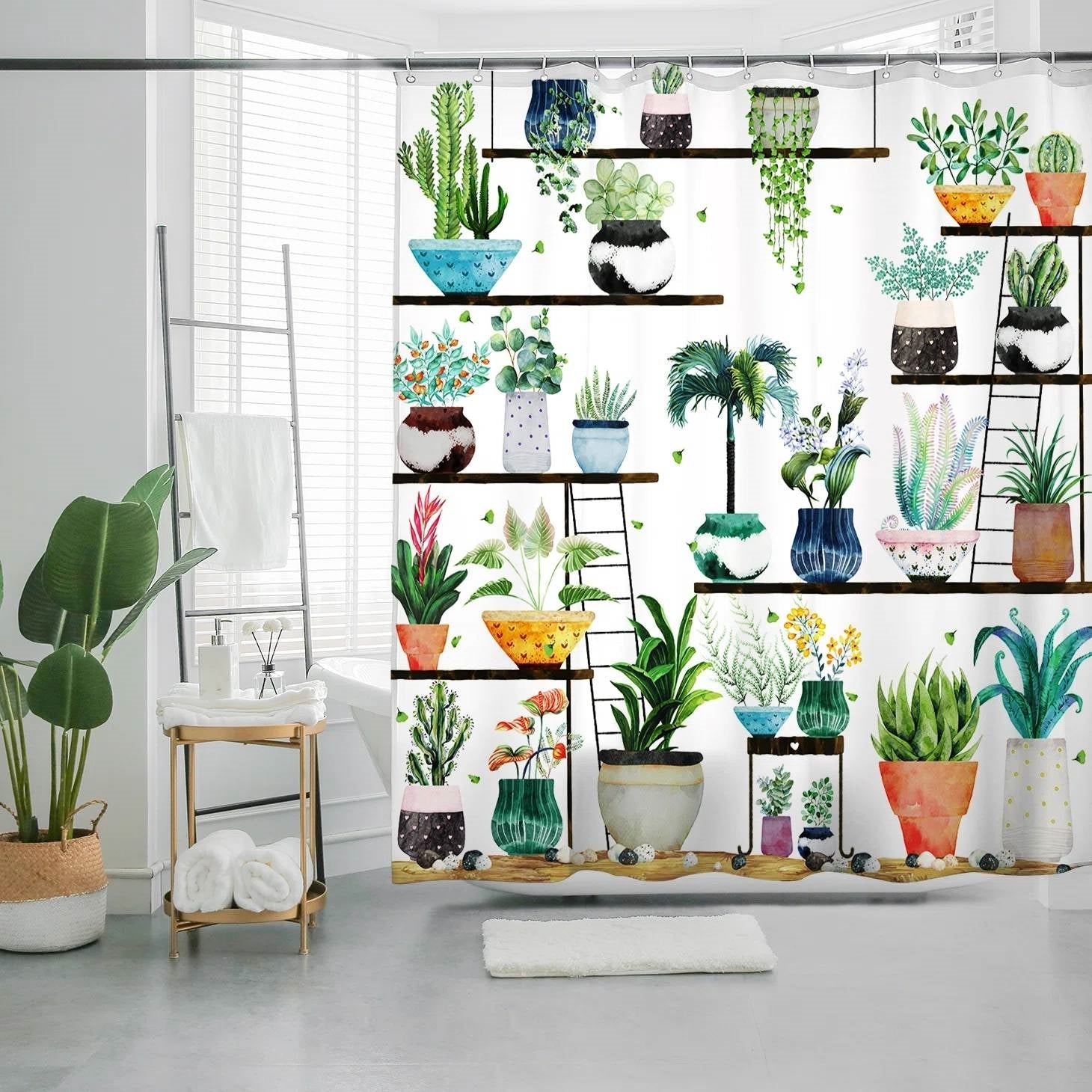 72-in. Watercolor Plants Botanical Floral Flower Pots Succulents Shower Curtain FastFurnishings