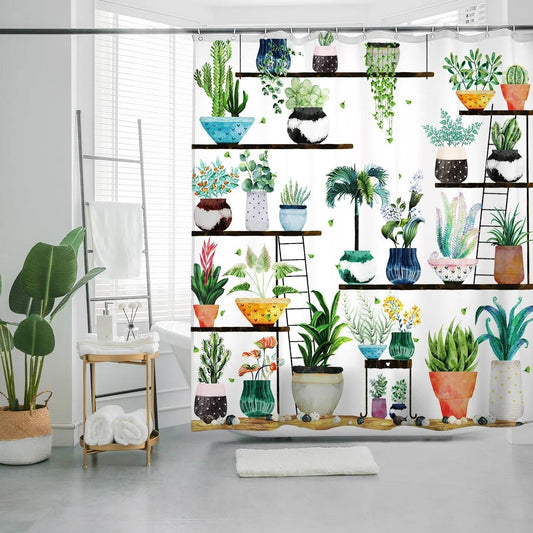 72-in. Watercolor Plants Botanical Floral Flower Pots Succulents Shower Curtain FastFurnishings