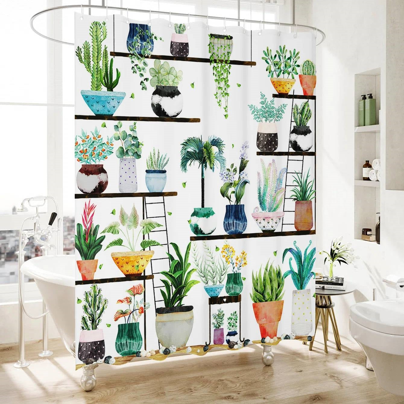 72-in. Watercolor Plants Botanical Floral Flower Pots Succulents Shower Curtain FastFurnishings