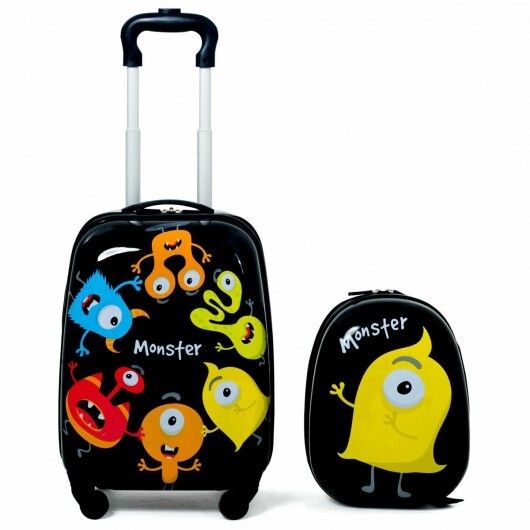 2 Pieces Kids Luggage Set 12 Inch Backpack and 16 Inch Rolling Suitcase - Color: Black W2B