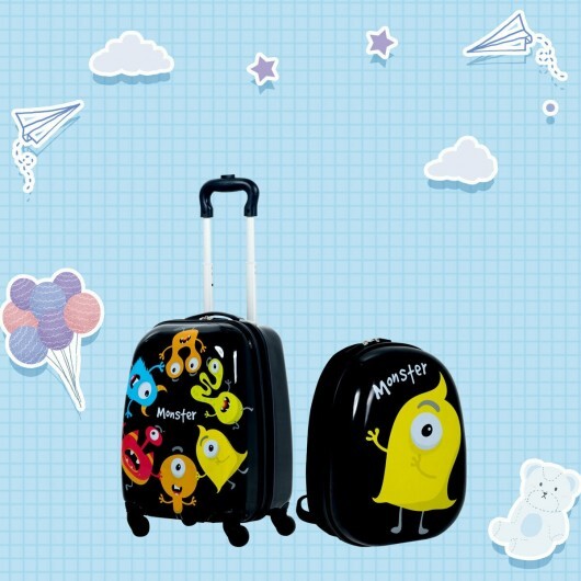 2 Pieces Kids Luggage Set 12 Inch Backpack and 16 Inch Rolling Suitcase - Color: Black W2B