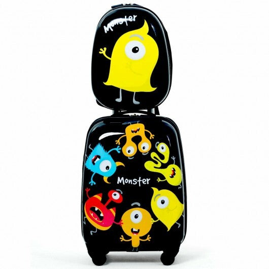 2 Pieces Kids Luggage Set 12 Inch Backpack and 16 Inch Rolling Suitcase - Color: Black W2B
