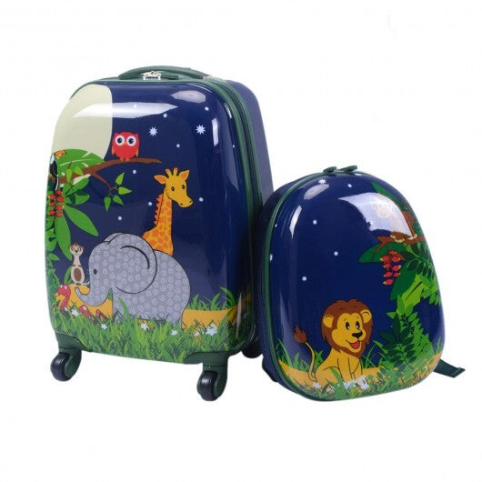 2 Pieces 12 Inch and 16 Inch Kids Carry on Suitcase Rolling Backpack School Luggage Set-Elephant - Color: Dark Blue W2B