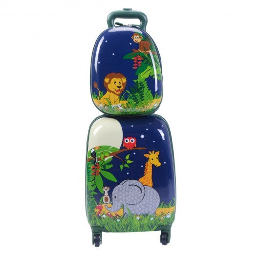 2 Pieces 12 Inch and 16 Inch Kids Carry on Suitcase Rolling Backpack School Luggage Set-Elephant - Color: Dark Blue W2B