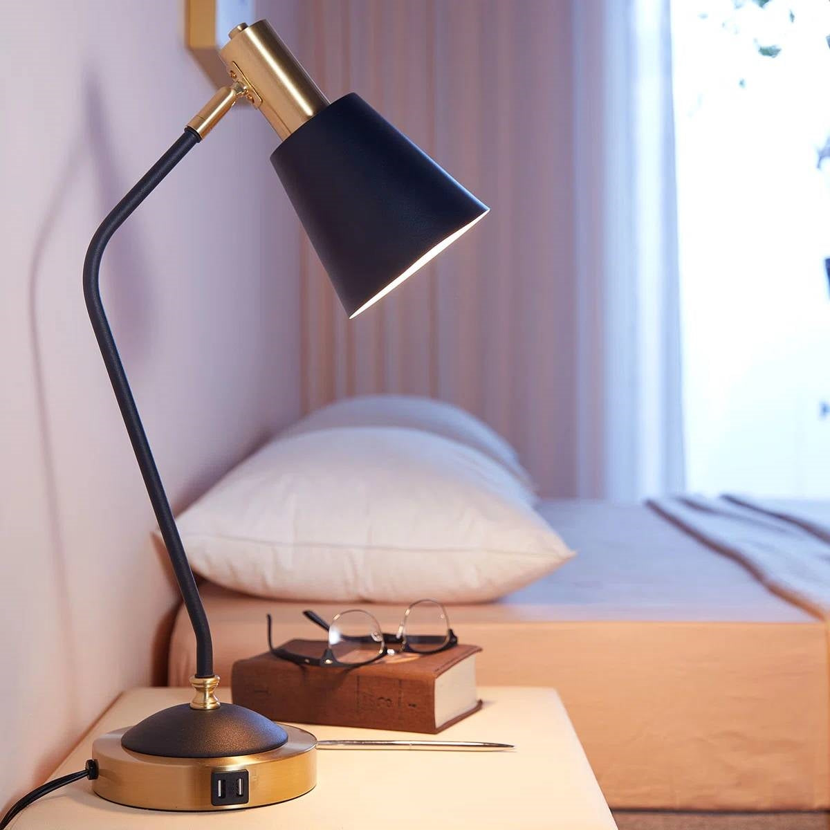 Black/Gold Mid-Century Modern Gooseneck Dimmable Touch Control USB Table Lamp-0