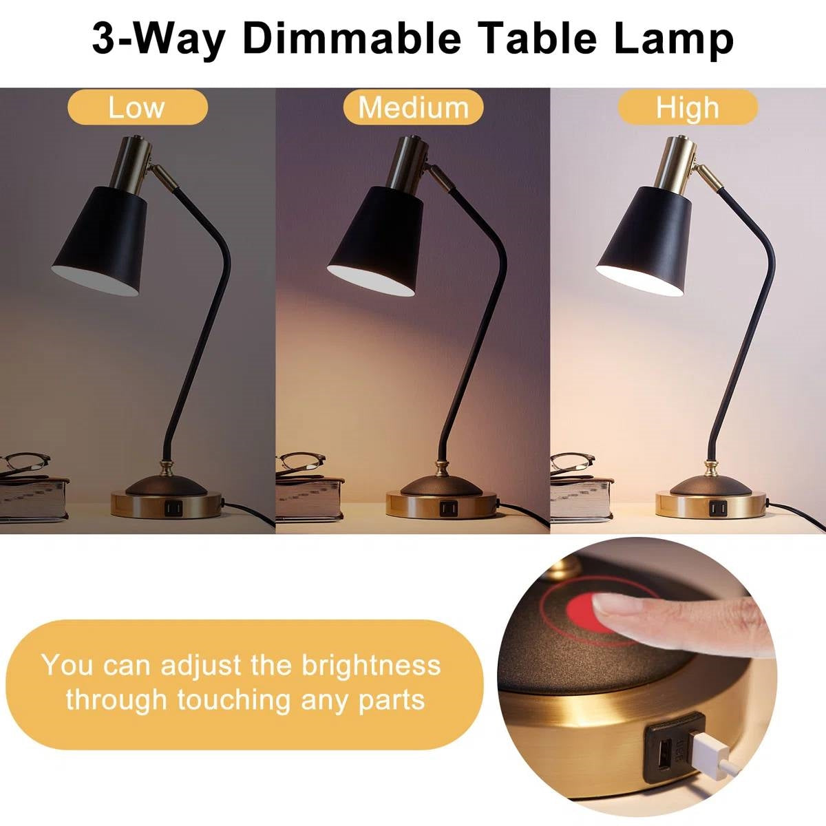 Black/Gold Mid-Century Modern Gooseneck Dimmable Touch Control USB Table Lamp-3