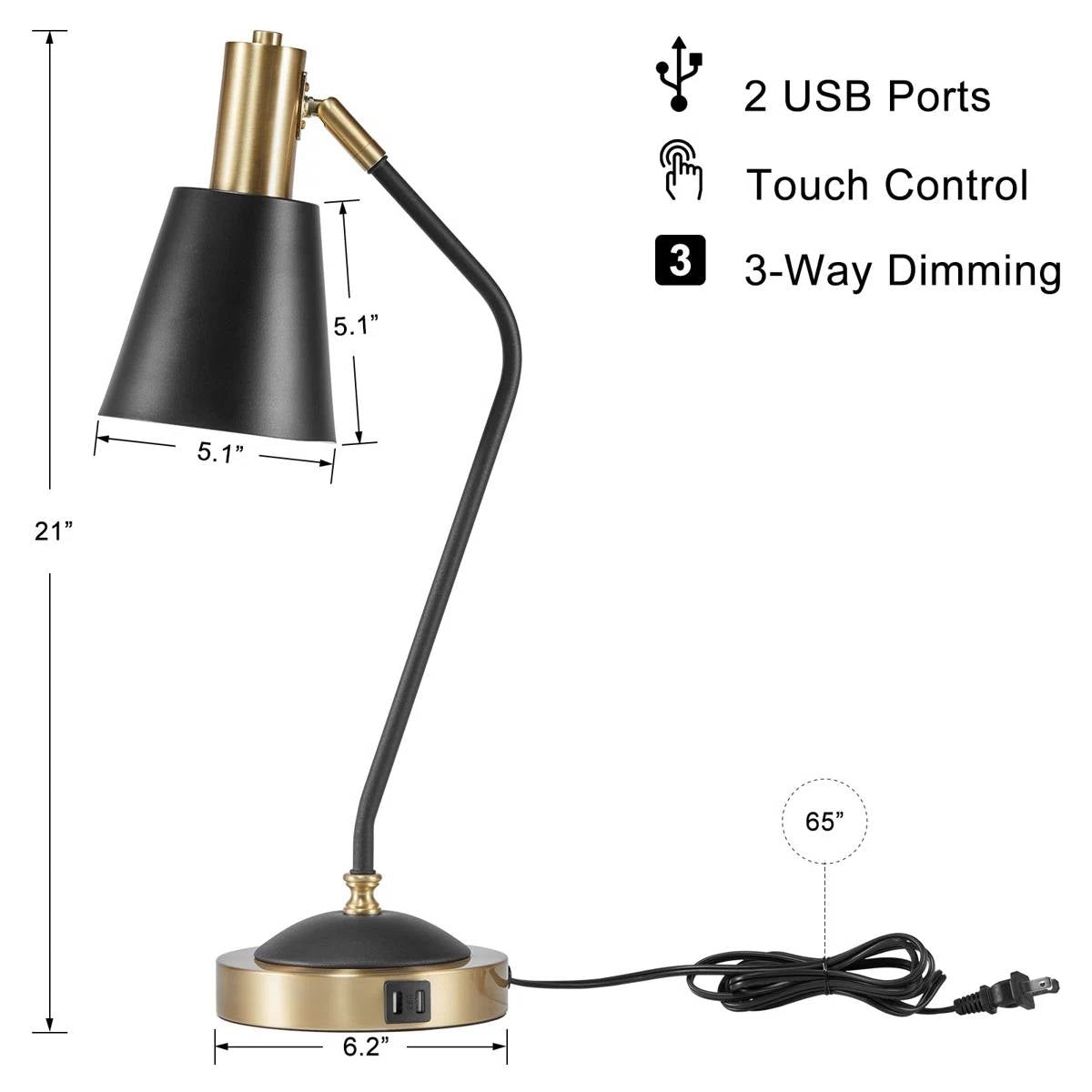Black/Gold Mid-Century Modern Gooseneck Dimmable Touch Control USB Table Lamp-4