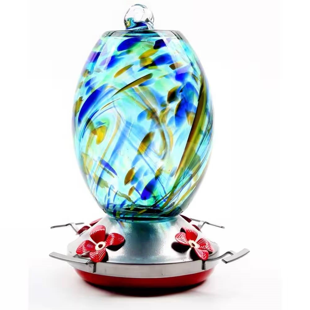 Blue Blown Glass Hummingbird Feeder with Perch and 4 Feeding Ports FastFurnishings