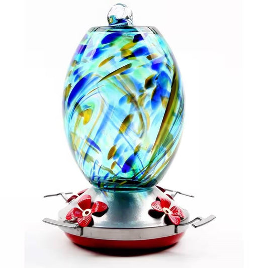 Blue Blown Glass Hummingbird Feeder with Perch and 4 Feeding Ports FastFurnishings