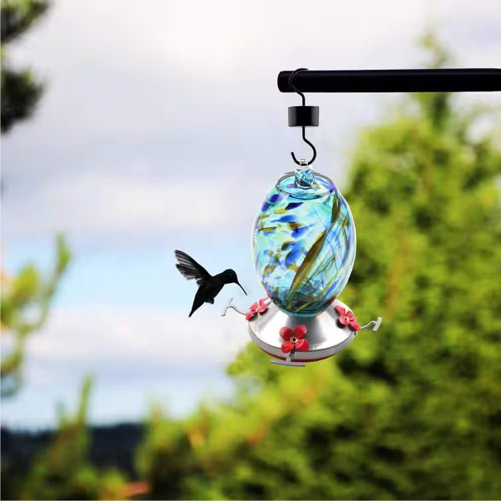 Blue Blown Glass Hummingbird Feeder with Perch and 4 Feeding Ports FastFurnishings