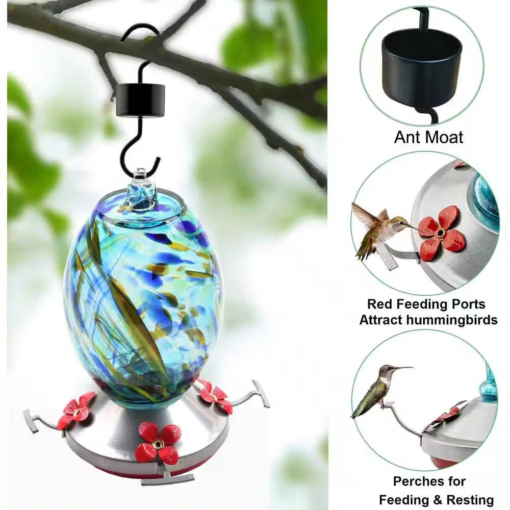Blue Blown Glass Hummingbird Feeder with Perch and 4 Feeding Ports FastFurnishings