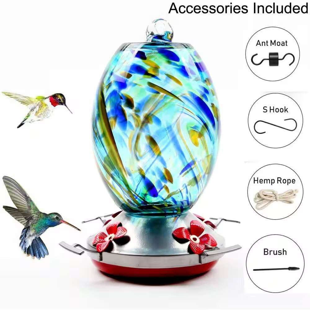 Blue Blown Glass Hummingbird Feeder with Perch and 4 Feeding Ports FastFurnishings